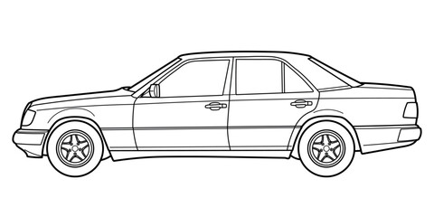 Classic german sedan car of 80s, 90s. Different five view shot - front, rear, side and 3d. Outline full hand drawn doodle vector illustration, non ai