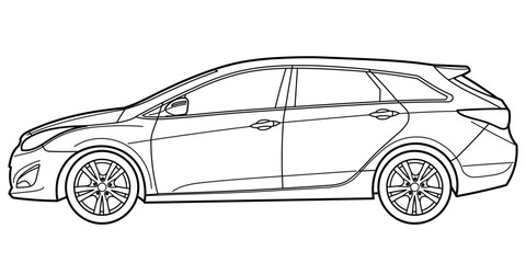 Classic modern station wagon. Side view shot. Outline doodle vector illustration for design - print, color book