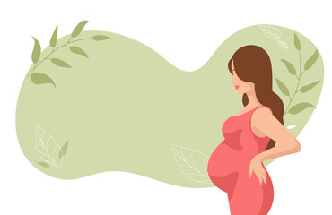 Beautiful brunett pregnant girl in pink dress poster about pregnancy and motherhood, cute girl with long brown hair and space for text, plants, leaves for posters, banners, wallpapers, greeting cards	