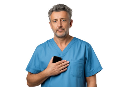 Confident senior male doctor wearing scrubs, cap, and stethoscope, holding a smartphone, symbolizing modern healthcare communication and professionalism 
