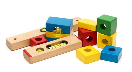 Obraz premium 木製ブロックと水平器 カラフルな幾何学模様 明るい自然光で撮影. AI Generated