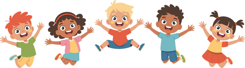 Excited children jumping, cartoon vector illustration, group of happy kids, playful childhood fun, diverse cartoon children, colorful smiling characters, joy