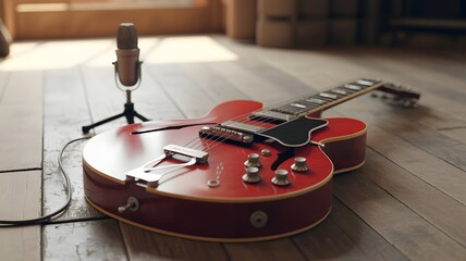 A vibrant red electric guitar rests on a wooden floor, accompanied by a vintage microphone, evoking a classic music recording atmosphere
