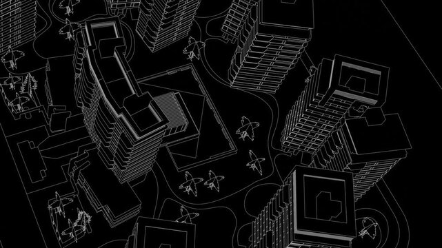 Animation of a Generic Apartment Building Complex, Seamless Looped Animation, linework, black