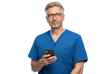 Confident senior male doctor wearing scrubs, cap, and stethoscope, holding a smartphone, symbolizing modern healthcare communication and professionalism