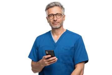 Confident senior male doctor wearing scrubs, cap, and stethoscope, holding a smartphone, symbolizing modern healthcare communication and professionalism 