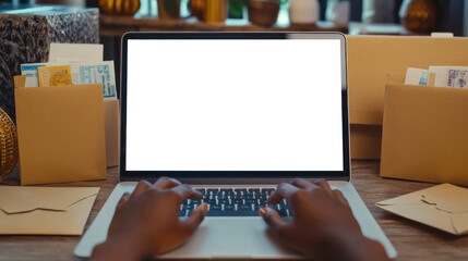 Naklejka premium A black guy is typing on a laptop with a white screen. Laptop mockup at the post office. The laptop is on the table, next to it are several boxes, parcels, postage stamps and envelopes