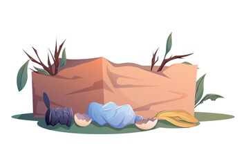 Cartoon vector illustration of crumpled cardboard box filled with dry branches and surrounded by trash. Isolated waste concept for recycling, ecology, and environmental pollution themes.