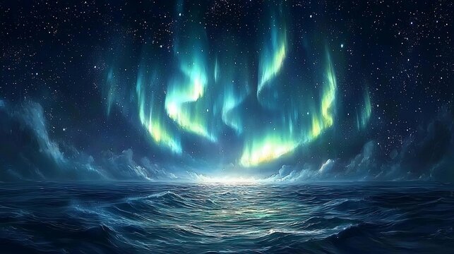 Aurora borealis over ocean at night