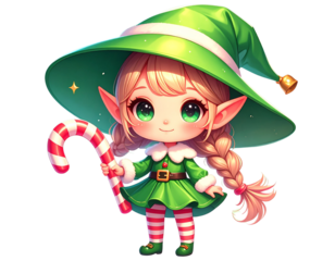 Chibi Kawaii Christmas Elf with Oversized Hat and Big Eyes, Cute Cartoon Style, isolated PNG