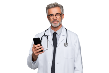 Confident senior male doctor wearing scrubs, cap, and stethoscope, holding a smartphone, symbolizing modern healthcare communication and professionalism 