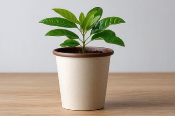 Obraz premium Small green plant growing in a simple paper cup on a wooden surface