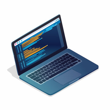 Software, web development, programming concept. Abstract Programming language and program code on screen laptop in isometric. Laptop on a stand for programming, coding, software development in dark.