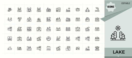Set of Lake line icon. Related to landscape, mountain, outdoor, field, land, city, water and more. Thin UI icons. River icon set. Editable vector illustration.