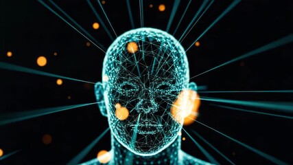 A digital representation of a human face composed of interconnected lines and glowing particles symbolizing technology and artificial intelligence with a dark background enhancing the futuristic theme - Powered by Adobe