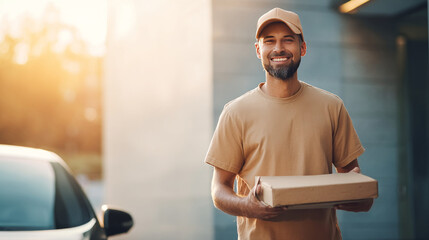 The delivery man holds a box of goods in his hands, ready to hand it over to the customer. He smiles, demonstrating friendliness and professionalism. Fast, polite and high-quality service.