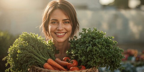 Smiling woman holding a basket filled with fresh carrots tomatoes and leafy green vegetables outdoors
