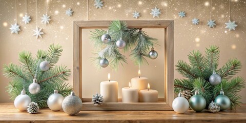 Festive Winter Scene with Candles, Ornaments, and Evergreen Branches in a Wooden Frame