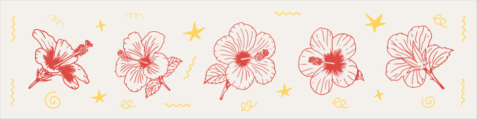 Hibiscus Sticker Vector Set. Charming Tropical Flower Doodle Collection in Various Angles. Hand-drawn Floral Elements for Stickers, Summer Prints, and Exotic Designs