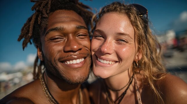 Close-up selfie of a happy interracial couple smiling