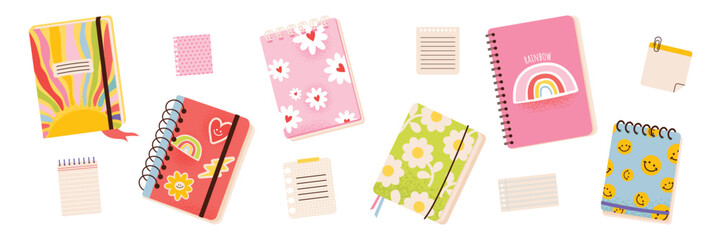 Set of cute notebooks and notepads in flat cartoon style. Ideal for school, journaling, planning, or stationery design themes. Isolated on white background. Back to school season