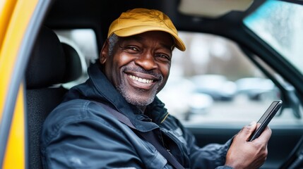 Smiling Taxi Driver Navigating with Mobile App in Urban Environment Setting