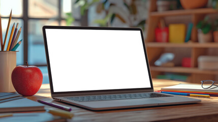 A student's work laptop. Laptop mockup in the school classroom. On the table is an open laptop with a white screen, and next to it is a red apple. Back to school. Knowledge day