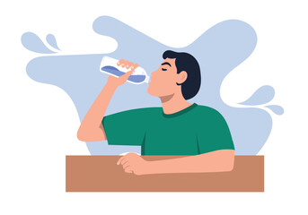 Healthy young man drinking water from a bottle in flat design on white background, vector file