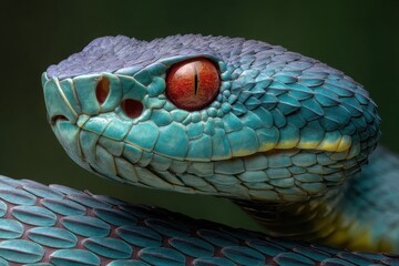 Fototapeta premium Close up of a vibrant blue pit viper with striking red eyes in a natural setting