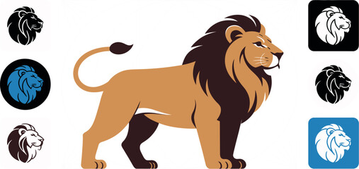 Illustration of a lion with a brown mane and tail with smaller lion icons around the main image