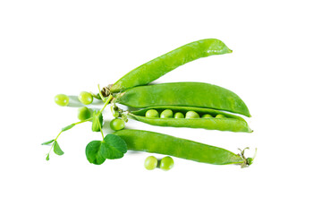 Green pea pods isolated on white background.