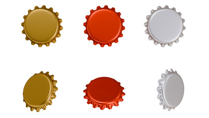 High-Resolution 3D Render of Metallic Bottle Caps in Gold, Red, and Silver Finishes Top and Angled Views