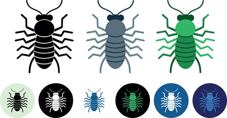 A vector illustration showing three termite icons in different colors with smaller icons below them