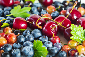 Ripe fresh berries of blueberry, blackcurrant, cherry and gooseberry with leaves.