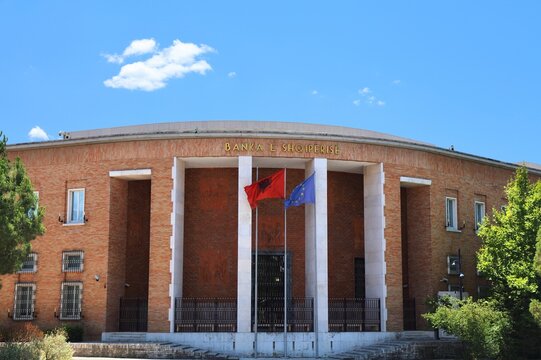 TIRANA, ALBANIA - JULY 10, 2025: Bank of Albania (Albanian: Banka e Shqiperise) office building in Skanderbeg Square, Tirana. It is the state owned central bank of Albania.