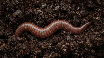 A close up shot of a brown earthworm crawling on dark soil in a natural outdoor environment view