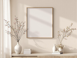 Photo of wall with empty frame and decorative flowers