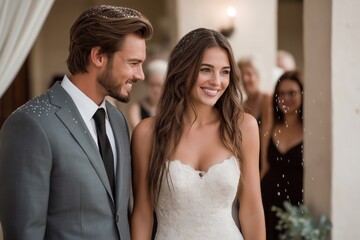 Naklejka premium Joyful Wedding Moment with Bride and Groom Surrounded by Friends in Elegant Outdoor Setting