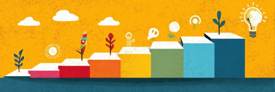Learning Milestones Depicted Through Colorful Steps in a Bright Symbolic Illustration Showcasing Growth and Development