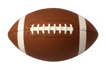 Football sporting equipment with white laces, positioned on clear surface, highlighting textured leather surface for design purposes