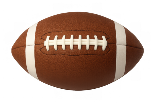 Football sporting equipment with white laces, positioned on clear surface, highlighting textured leather surface for design purposes