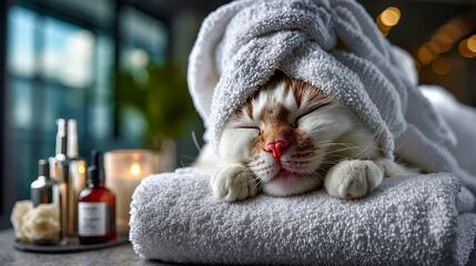 A cat wrapped in a white towel sleeping on top of a towel