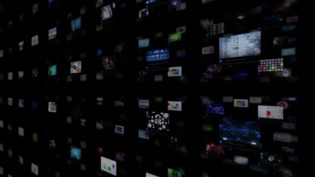 Wall Of Bright Screens Containing Chroma Key and Diverse Theme Videos and In A Dark Internet Made Of Millions Of Flying Screens Blocks. Technology Animation. 