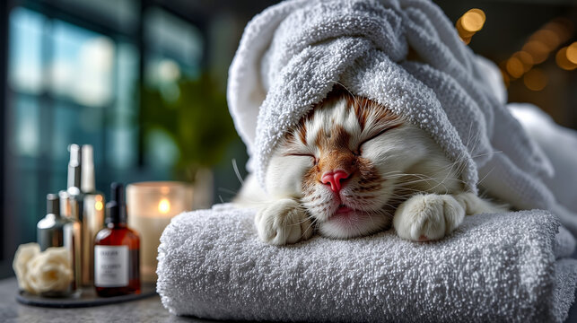 A cat wrapped in a white towel sleeping on top of a towel