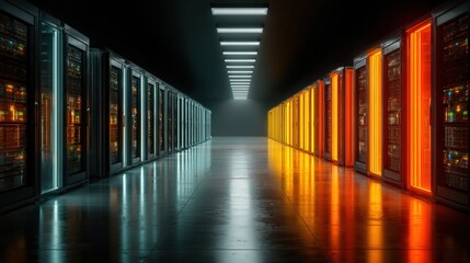 Futuristic server room, glowing colored server racks