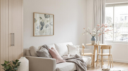 Photo of cozy living room with sofa, table, and artwork