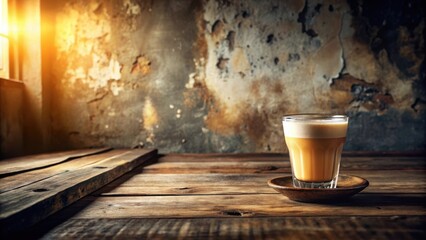 Aromatic Coffee Drink on Rustic Wooden Table with Aged Wall Background