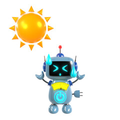 猛暑でオーバーヒートして汗をかくかわいい近未来ロボットの3Dキャラクターイラスト
