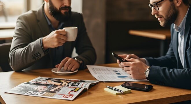 Two men in suits having a business meeting over coffee and magazines