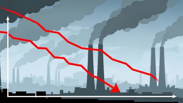 Industrial landscape with factories emitting smoke, red decreasing graphs showing pollution and climate change impact, environmental crisis concept footage.